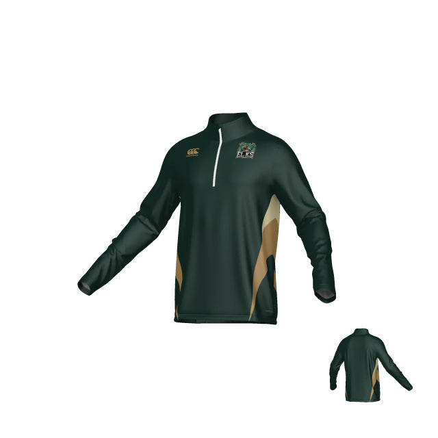The Teamatical Lewis County Elks Canterbury Hunter Midlayer 1/4 Zip is a dark green long-sleeve athletic pullover with gold accents, featuring a sleek quarter-zip and bold club branding on the chest, displayed from both front and back views against a white background.