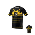 The Teamatical MENS MAKA JERSEY REGULAR features bold black and yellow stripes, a city skyline chest design, "IC Light" logo on the front, and number 25 on the back.
