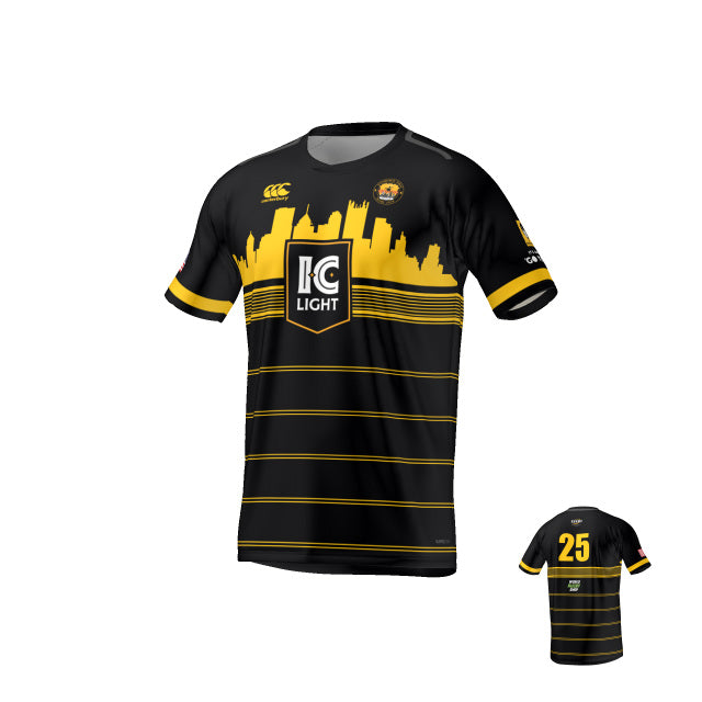 The Teamatical MENS MAKA JERSEY REGULAR features bold black and yellow stripes, a city skyline chest design, "IC Light" logo on the front, and number 25 on the back.