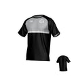 The Missoula All-Maggots Canterbury Legacy Performance Tee by Teamatical is a black and gray short-sleeve athletic shirt featuring a white chest stripe, the logo on the left chest, and a small logo on the right. The back view is also displayed.