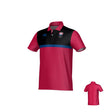 The Teamatical Portland RFC Canterbury Legacy Performance Polo features short sleeves, a pink body, black upper chest and shoulders, a blue horizontal stripe, a left-chest logo, and a solid pink back.