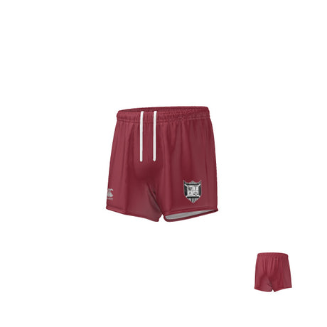 The Teamatical MENS YOKOHAMA SHORT features a maroon color, white drawstrings, and a shield logo on the left leg, shown against a white background.