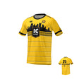 The Teamatical MENS MAKA JERSEY REGULAR is a yellow short-sleeve soccer jersey with black city skyline, horizontal stripes, "IC Light" logo on the front, and number 25 on the back.