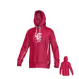 The Teamatical New Saint Andrews College Ashdown Canterbury Kirra Performance Hoody is a red, hooded sweatshirt featuring a white stylized lion and stripes emblem on the front, with white accent lines running down the sleeves and sides; both front and back views are shown.