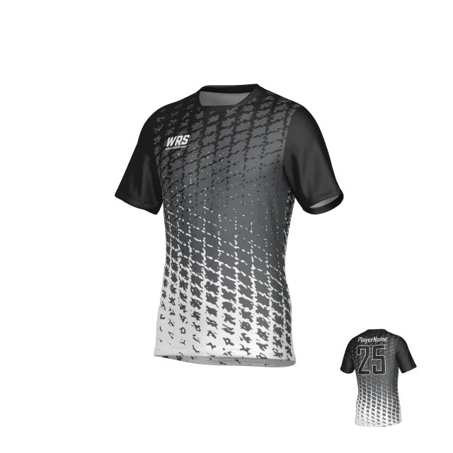 The Teamatical WRS MENS PRO JERSEY - CROSSHATCH is a short-sleeve sports jersey featuring a black-to-white gradient, textured pattern, "WRS" logo on the front, and "PlayerName 25" on the back.