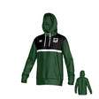 The Birmingham Steel Rugby Canterbury Legacy Performance Hoodie by Teamatical features green and black colors, a white stripe, front kangaroo pocket, white drawstrings, small chest logos, and a back view shown in the smaller image.