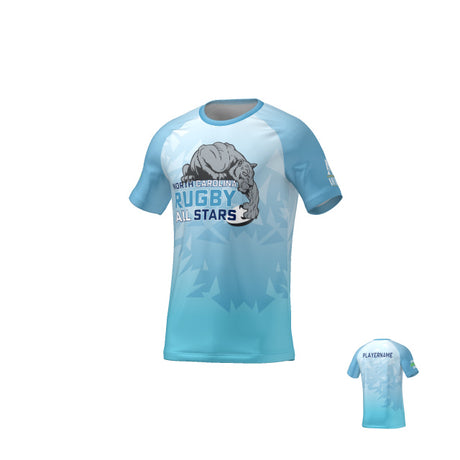 The NC All Stars DNA Training Tee by Teamatical features light blue and white colors with a bear graphic and "North Carolina Rugby All Stars" text on the front, plus a customizable player name on the back.