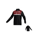 The West Potomac Canterbury Legacy Mid Layer 1/4 Zip by Teamatical features a black body, maroon chest panel, white trim, and zip collar. Shown in front and back views.