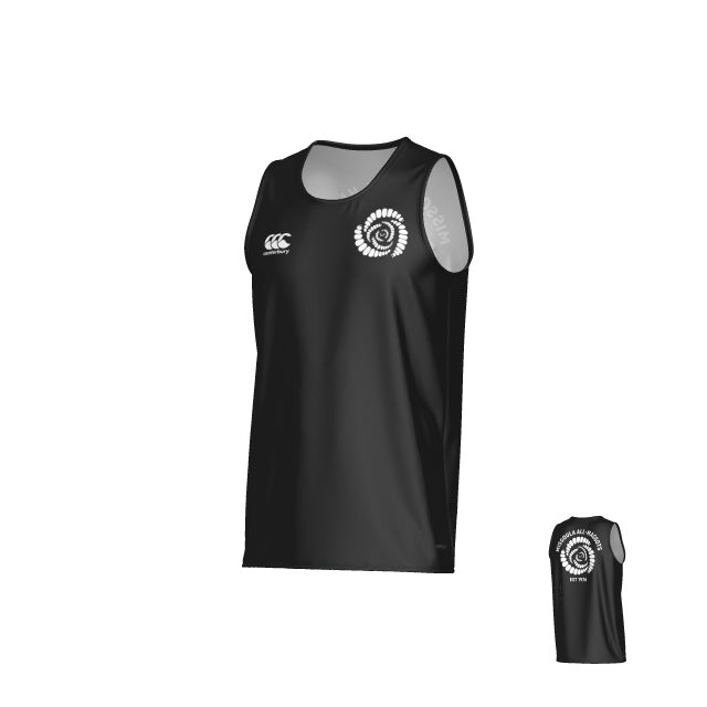 Missoula All-Maggots MENS ECO-SUBLIMATE SINGLET by Teamatical features a black sleeveless design with a white spiral fern logo on the left chest, the Teamatical brand logo on the right chest, and a similar motif displayed in the smaller back view image.
