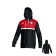 Loudon Rugby Canterbury Legacy Performance Hoodie by Teamatical: black and red with white drawstrings, chest stripe, front pocket, logo on chest, small white emblem on right shoulder; back view shown.