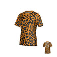 The Teamatical WRS MENS PRO JERSEY - LEOPARD is a short-sleeve athletic rugby jersey featuring an eye-catching orange and black leopard print and the number 25 in white on the back. Crafted from moisture-wicking fabric, it keeps you cool and dry during intense play.