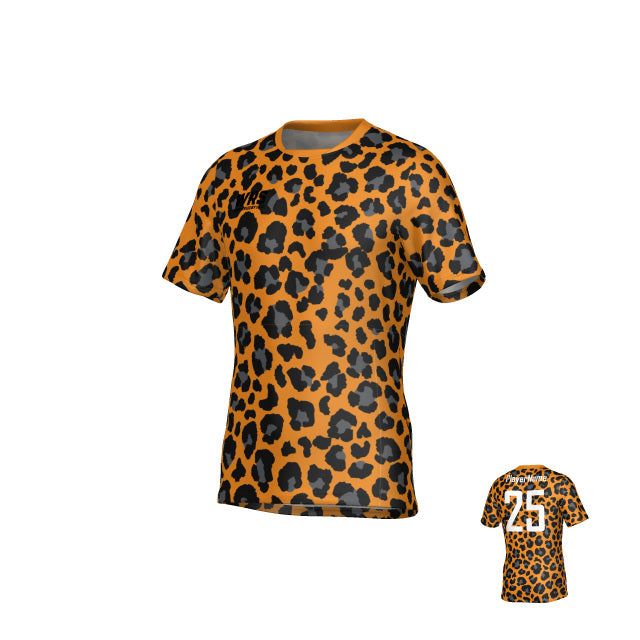 The Teamatical WRS MENS PRO JERSEY - LEOPARD is a short-sleeve athletic rugby jersey featuring an eye-catching orange and black leopard print and the number 25 in white on the back. Crafted from moisture-wicking fabric, it keeps you cool and dry during intense play.