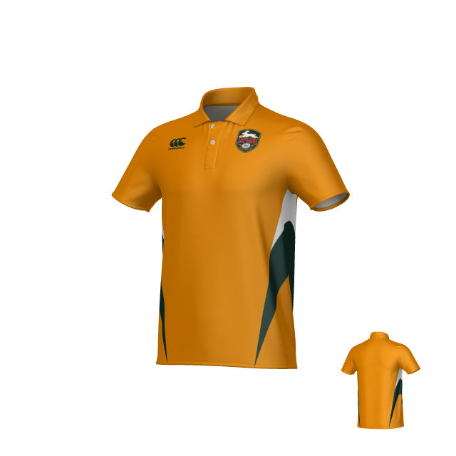 RVA T.R.C Canterbury Hunter Performance Polo by Teamatical features short sleeves, an orange body with black and white side accents, a team logo on the chest, and a small Teamatical logo on the front. The back is plain.