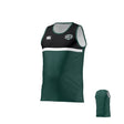 The Woodlands Rugby Canterbury Performance Singlet by Teamatical features green and black colors, a white horizontal stripe, team logo on the chest, and branded details on the upper right; back view shown inset.