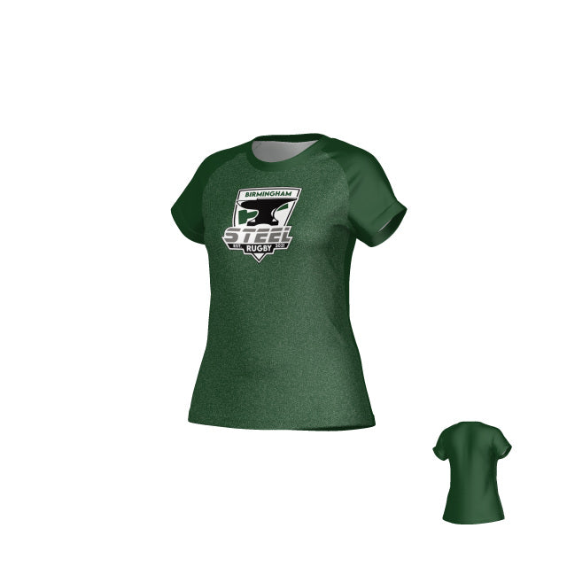 The Birmingham Steel DNA Sydney Crew Performance Tee - Women's by Teamatical features the "Birmingham Steel Rugby" logo, front and back views, and is made from moisture-managing fabric to keep you comfortable and dry during workouts.