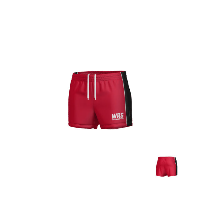 Teamatical WRS WOMENS PRO SHORT - CLEAN: Red athletic shorts featuring a white drawstring, black side panels, and "WRS" printed in white on the left leg.