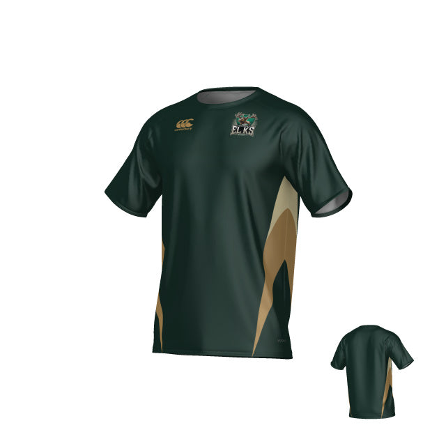 Lewis County Elks Canterbury Hunter Performance Tee by Teamatical, shown in dark green with gold and beige accents. The front features the Canterbury Hunter logo and “ELKS” lettering; both front and back views are displayed on a white background. This moisture-wicking performance shirt provides comfort and athletic style, making it ideal for Lewis County Elks fans.