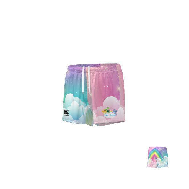 The Teamatical MENS REFEREE SHORT features a pastel gradient with a cloud design, rainbow accents, drawstring waist, and a logo on the front left leg.