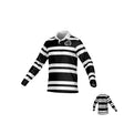 The Teamatical Missoula All-Maggots Signature Pique LS Polo features black and white horizontal stripes, a white collar, and a small circular logo on the left chest.