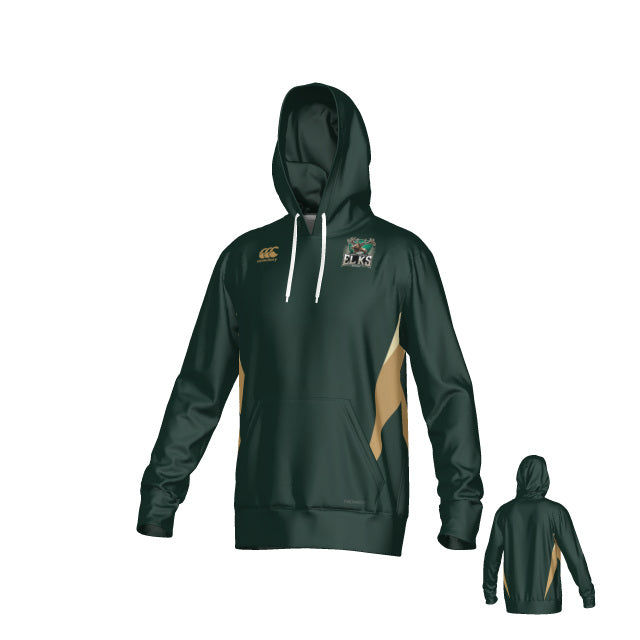 The Lewis County Elks Canterbury Hunter Performance Hoody by Teamatical comes in dark green with tan side panels, a front pocket, and bold Elks branding across the chest. This moisture-wicking hoodie keeps you comfortable and dry, and a smaller image showcases the back view.