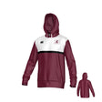 Teamatical JS Morton High School Canterbury Legacy Performance Hoodie in maroon and white, featuring a black stripe, “M” logo on chest, and front pouch pocket; front and back views displayed.