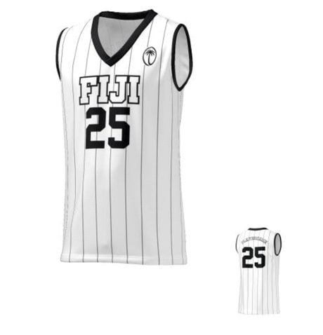 White and black Teamatical Fiji Basketball Jersey with "FIJI 25" on the front and a small circular logo on the upper left, displayed in two views: front and angled back.
