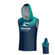 Teamatical NC Megalodons DNA Phoenix Sleeveless Hooded Tee in navy and teal features "Megalodons NC Rugby Academy" text, shark logo, moisture management, UPF 50 protection, and a teal hood with diagonal stripes on the back.