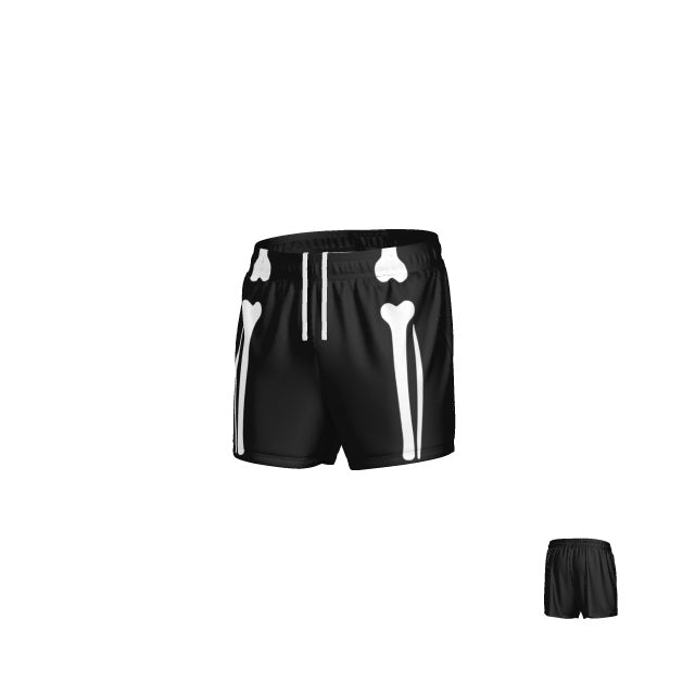 Teamatical WRS MENS PRO SHORT - SPOOKY BONES: Black athletic rugby shorts showcasing a bold white skeletal leg bone design on the front and sides, displayed from both front and back views against a plain white background—perfect for adding an edgy touch to your men’s rugby apparel collection.