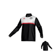Teamatical Mudsock Rugby Canterbury Legacy Midlayer 1/4 Zip—black long-sleeve top with white and red chest stripe, zip collar, and left-chest logo. Small back view shown in the bottom right corner.