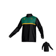 The Teamatical San Francisco Golden Gate Canterbury Legacy Midlayer 1/4 Zip is a green and black long-sleeve pullover with a yellow accent stripe, team logo on the chest, and a short front zipper.