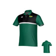 Teamatical Siena College Canterbury Performance Polo in green and black features a white stripe, "SIENA" and "SAINTS" text on the chest, small white logo on right shoulder; shown from front and back.