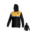 The Teamatical Pittsburgh Forge Canterbury Legacy Performance Hoodie features yellow shoulders, a gray chest stripe, front pouch pocket, and a circular logo on the left chest. A smaller rear view is displayed to the right.