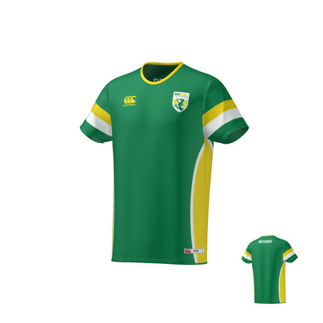 The Teamatical SOCAL REFEREES CANTERBURY MENS REVERSIBLE TRAINING TEE features a green design with yellow and white accents, a team crest and logo on the front, "REFEREE" on the upper back, and short sleeves.