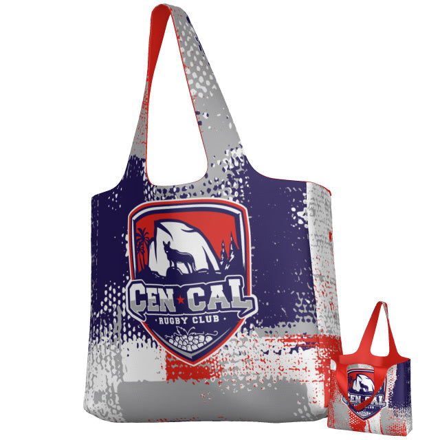 The Teamatical CenCal DNA Packable Zip Tote features a red handle and the "Cen Cal Rugby Club" logo in blue, red, and white, plus a smaller matching bag by its side.