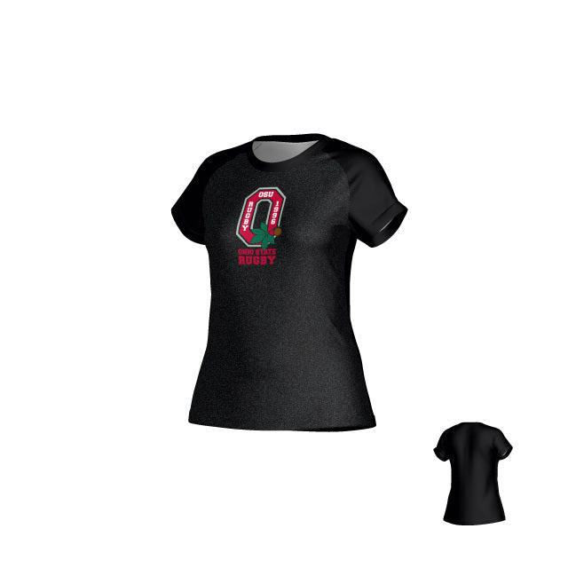 The Teamatical Ohio State University Alumni DNA Sydney Crew Performance Tee for women features contrasting moisture-wicking sleeves and a bold "ONE TEAM ONE SPIRIT RUGBY" front graphic with a plain black back for a sleek, sporty look.