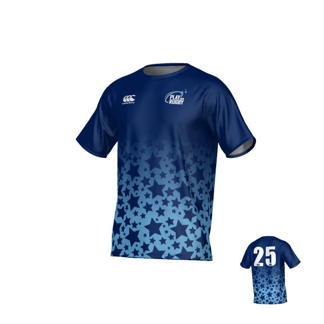 The Play Rugby USA Canterbury Performance Tee by Teamatical features a blue rugby jersey design with a gradient star pattern, “Play Rugby” logo on the front, number 25 on the back, and a white Canterbury logo on the chest—crafted with moisture-wicking fabric for ultimate comfort both on and off the field.