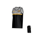 The Pittsburgh Forge Canterbury Legacy Performance Singlet by Teamatical is a sleeveless black and gray jersey featuring a yellow horizontal stripe, team logo on the upper left chest, small yellow "CCC" logo on the right, with back view shown in corner.