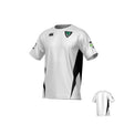 Introducing the Birmingham Vulcans Mens ECO-Sublimate SS Raglan Tee by Teamatical—a white short-sleeve sports jersey made from lightweight, eco-friendly shirt material. Featuring striking black raglan side panels, this tee is adorned with a green and black Birmingham Vulcans crest and sublimated logos on the chest, plus sponsor branding on the sleeve. The back view reveals a clean white design highlighted by black accents for a sleek look—perfect as a high-performance polyester training shirt.