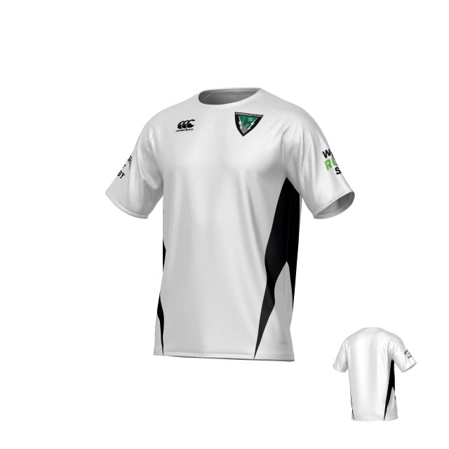 Introducing the Birmingham Vulcans Mens ECO-Sublimate SS Raglan Tee by Teamatical—a white short-sleeve sports jersey made from lightweight, eco-friendly shirt material. Featuring striking black raglan side panels, this tee is adorned with a green and black Birmingham Vulcans crest and sublimated logos on the chest, plus sponsor branding on the sleeve. The back view reveals a clean white design highlighted by black accents for a sleek look—perfect as a high-performance polyester training shirt.