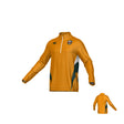 The Teamatical RVA T.R.C Canterbury Hunter Mid-layer 1/4 Zip is an orange long-sleeve, quarter-zip training top with black and green accents, featuring a crest on the left chest and a small logo on the right. Designed as breathable sportswear for ideal mid-layer rugby warmth, it includes an inset of the back view in the lower right corner.