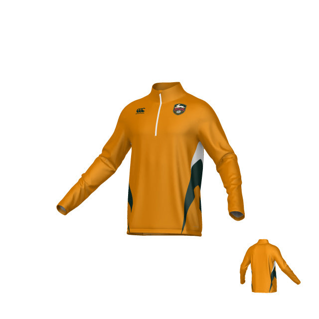The Teamatical RVA T.R.C Canterbury Hunter Mid-layer 1/4 Zip is an orange long-sleeve, quarter-zip training top with black and green accents, featuring a crest on the left chest and a small logo on the right. Designed as breathable sportswear for ideal mid-layer rugby warmth, it includes an inset of the back view in the lower right corner.