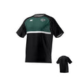 The Teamatical Woodlands Rugby Canterbury Performance Tee features black and green short sleeves, a white horizontal chest stripe, the logo on the front, and a small back view displayed in the bottom right corner.