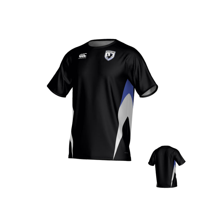 South Orange County Raptors Canterbury Hunter Performance Tee in black with a blue and white side graphic and a circular sports logo on the chest.