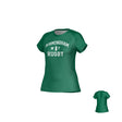 The Teamatical Birmingham Vulcans DNA Sydney Crew Performance Tee for women features a green, moisture-wicking short-sleeve design with "Birmingham Rugby" and two white graphics on the front; back view pictured smaller.