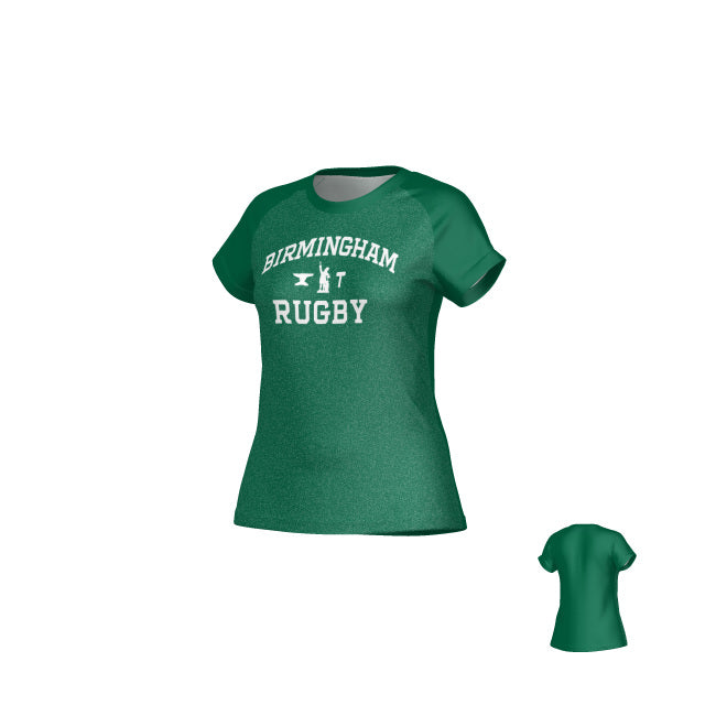 The Teamatical Birmingham Vulcans DNA Sydney Crew Performance Tee for women features a green, moisture-wicking short-sleeve design with "Birmingham Rugby" and two white graphics on the front; back view pictured smaller.