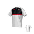 The Teamatical Loudon Rugby Canterbury Legacy Performance Tee is a white short-sleeve jersey with black and red accents, a chest logo on the left, a small red logo on the right, and a plain white back.