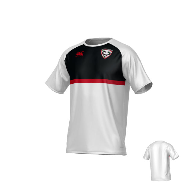The Teamatical Loudon Rugby Canterbury Legacy Performance Tee is a white short-sleeve jersey with black and red accents, a chest logo on the left, a small red logo on the right, and a plain white back.