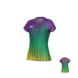 The Teamatical WRS WOMENS PRO JERSEY - CROSSHATCH is a short-sleeve athletic jersey with a purple, green, and yellow gradient, featuring "Player Name" and number 25 on the back.