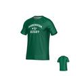 The Birmingham Vulcans Text DNA Crew Performance Tee by Teamatical is a green short-sleeve training shirt with "Birmingham Rugby" and crossed rugby logos on the front, featuring moisture management for comfort. Plain back view also shown.