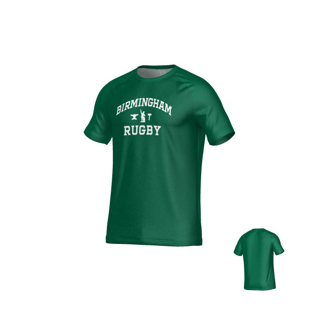 The Birmingham Vulcans Text DNA Crew Performance Tee by Teamatical is a green short-sleeve training shirt with "Birmingham Rugby" and crossed rugby logos on the front, featuring moisture management for comfort. Plain back view also shown.